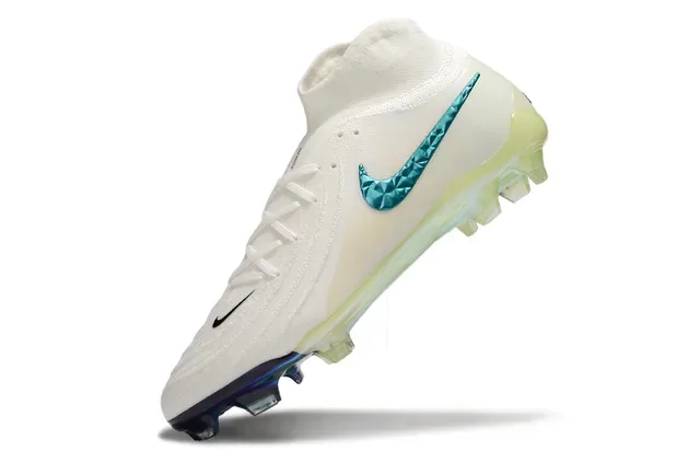 Nike Sapatos de Futebol Branco Azul Alto Corte Colar de Meia Facetado Swoosh Iridiscente Solo Firme 3