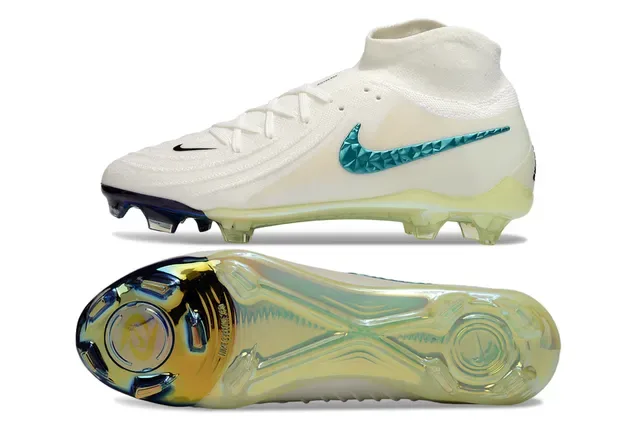 Nike Sapatos de Futebol Branco Azul Alto Corte Colar de Meia Facetado Swoosh Iridiscente Solo Firme 6