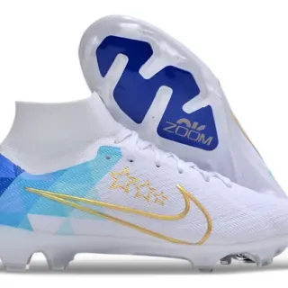 Nike White Blue High-Cut Sock-Fit Collar Geometric Print Firm-Ground Soccer Shoes