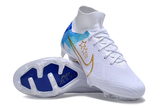 Nike White Blue High-Cut Sock-Fit Collar Geometric Print Firm-Ground Soccer Shoes 2