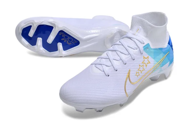 Nike White Blue High-Cut Sock-Fit Collar Geometric Print Firm-Ground Soccer Shoes 3
