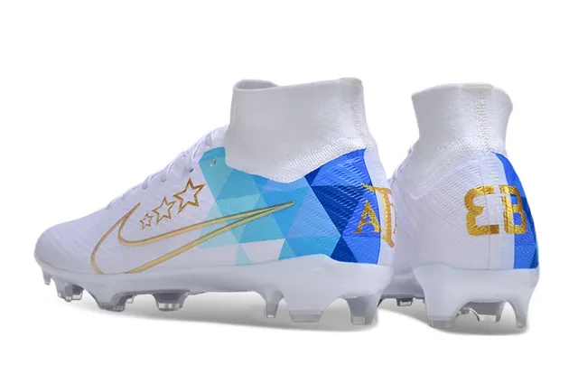 Nike White Blue High-Cut Sock-Fit Collar Geometric Print Firm-Ground Soccer Shoes 4