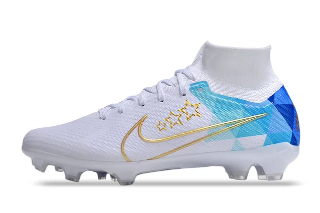 Nike White Blue High-Cut Sock-Fit Collar Geometric Print Firm-Ground Soccer Shoes 6