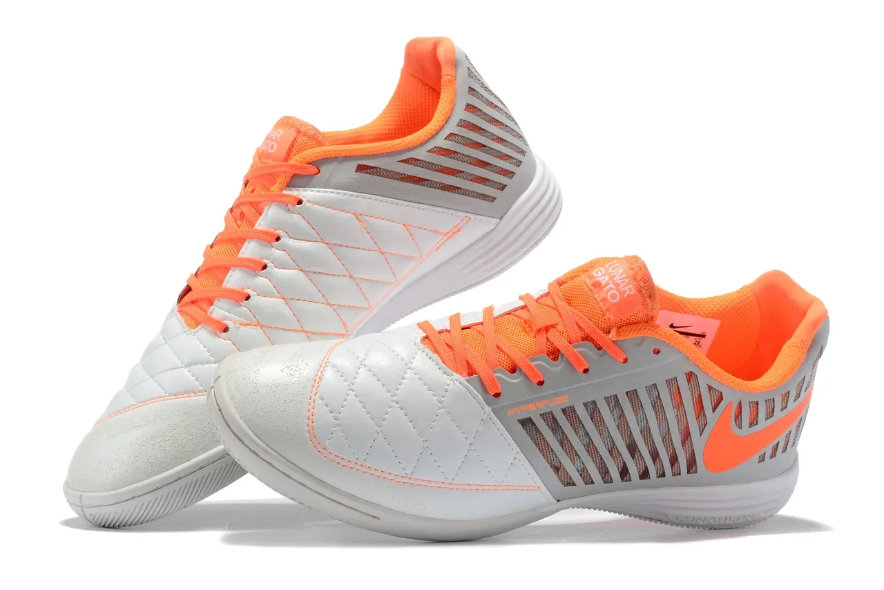 Nike White Orange Quilted Toe Cap Lunarlon Midsole Indoor Soccer Shoes 4