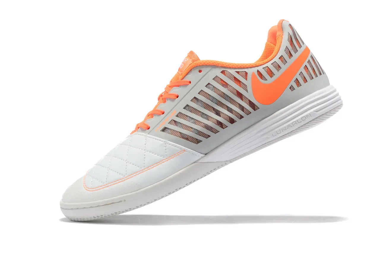 Nike White Orange Quilted Toe Cap Lunarlon Midsole Indoor Soccer Shoes 6