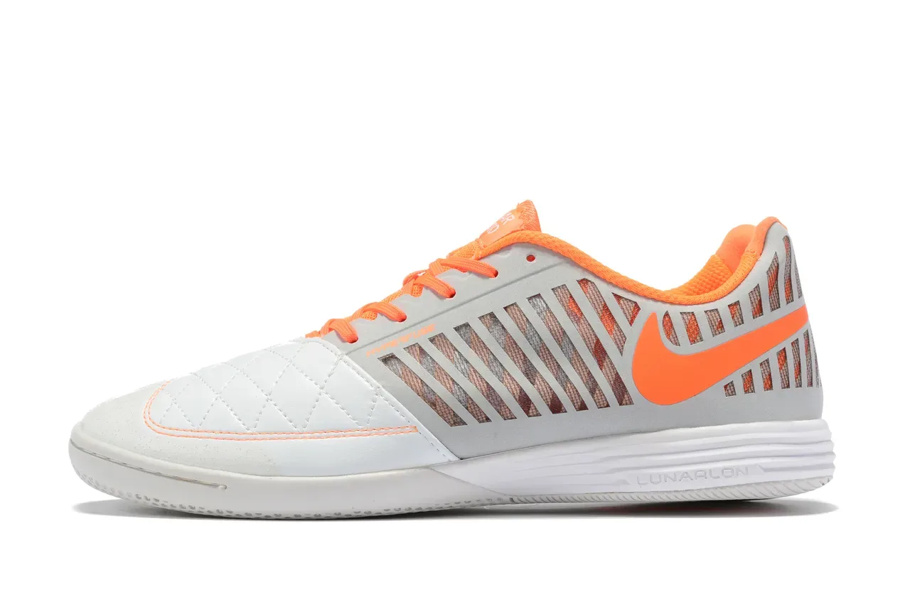 Nike White Orange Quilted Toe Cap Lunarlon Midsole Indoor Soccer Shoes 7