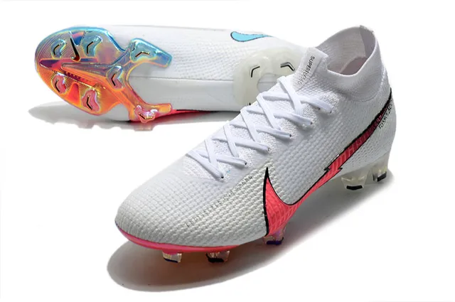 Nike Branco Rosa Alto no corte Col de meias Iridescente Holográfico Placa de calcanhar Grama artificial Sapatos de futebol 6
