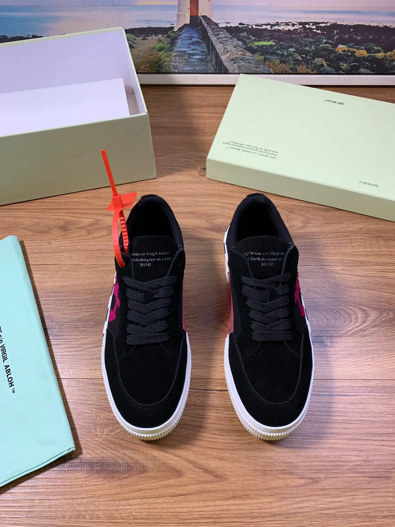 Off-White Preto Vermelho Camurça Superior Seta Diagonal Logo Tênis Lifestyle 9