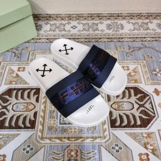 Off-White Slide White and Navy Woven Strap Slippers