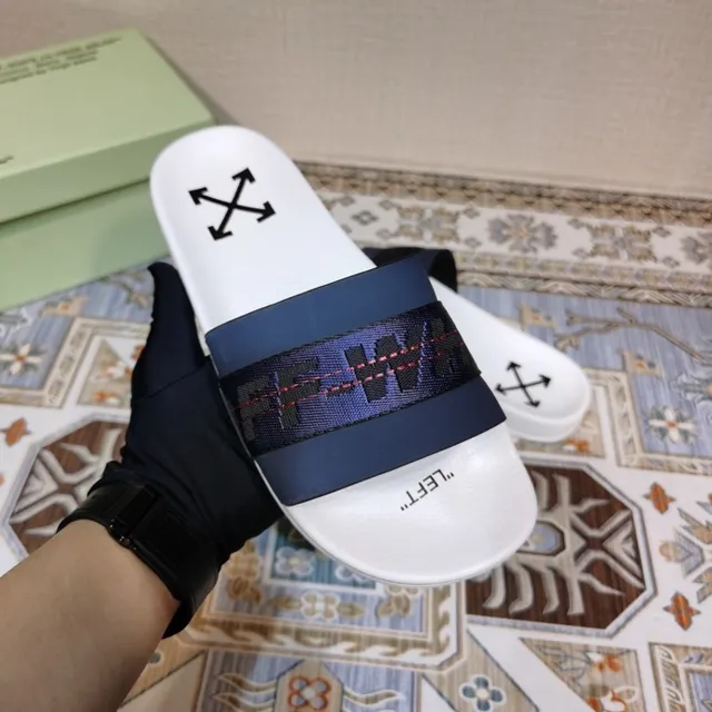 Off-White Slide White and Navy Woven Strap Slippers 2