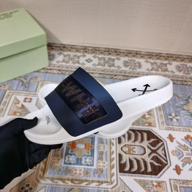 Off-White Slide White and Navy Woven Strap Slippers 3