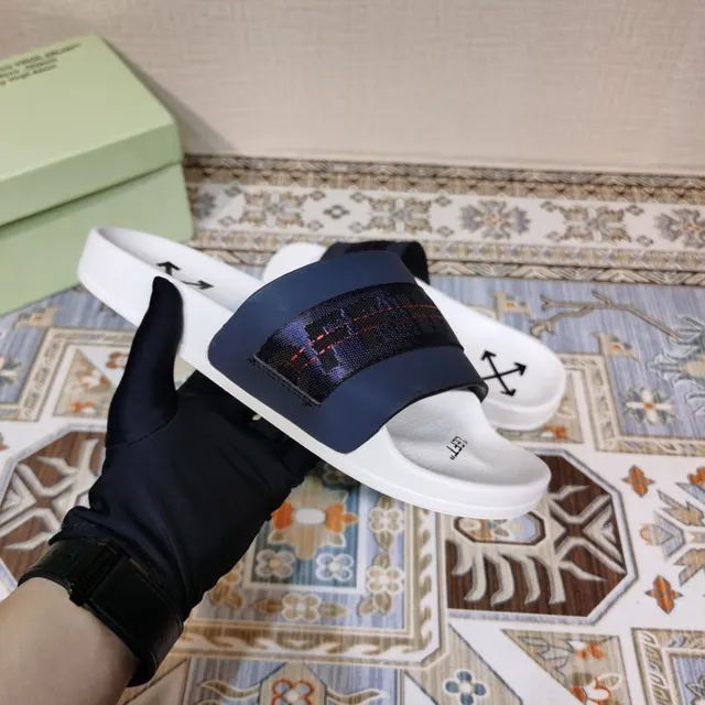 Off-White Slide White and Navy Woven Strap Slippers 4