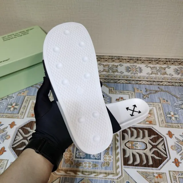 Off-White Slide White and Navy Woven Strap Slippers 5