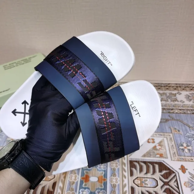 Off-White Slide White and Navy Woven Strap Slippers 6