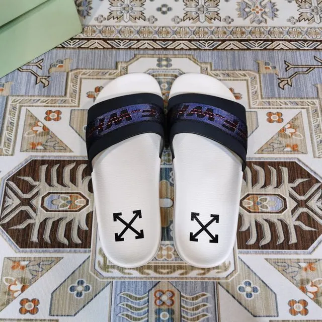 Off-White Slide White and Navy Woven Strap Slippers 7