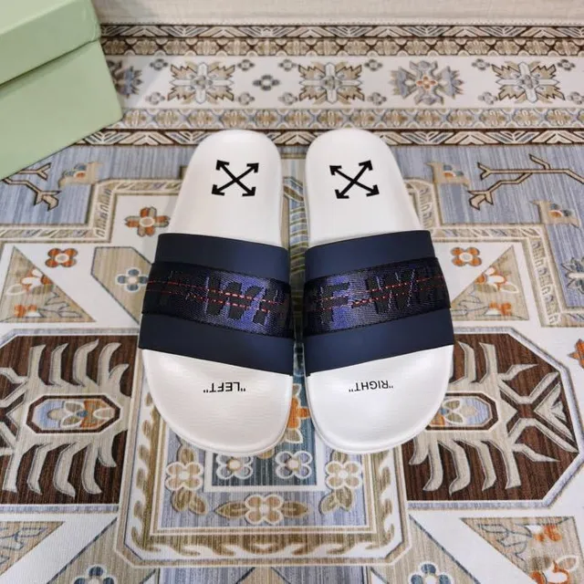 Off-White Slide White and Navy Woven Strap Slippers 8