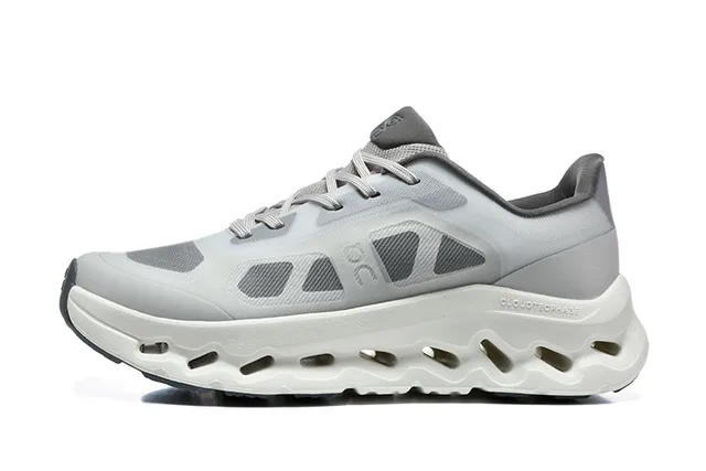 On Gray White Engineered Mesh Upper Open Hexagonal CloudTec Pods Running Shoes 4
