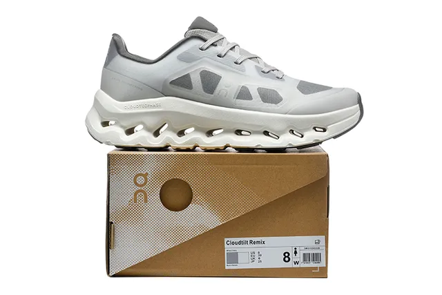 On Gray White Engineered Mesh Upper Open Hexagonal CloudTec Pods Running Shoes 5