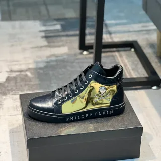Philipp Plein Black Gold High-Top Crocodile-Embossed Leather Lifestyle Sneakers