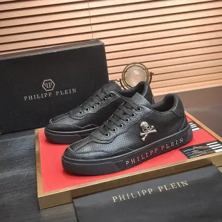 Philipp Plein Black Gold Perforated Leather Skull-and-Crossbones Emblem Lifestyle Sneakers