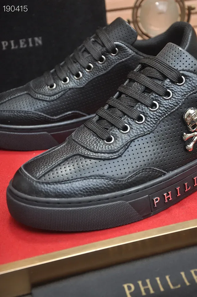Philipp Plein Or Noir Cuir Perforé Emblème Crâne et Crois-Bone Chaussures Lifestyle 3
