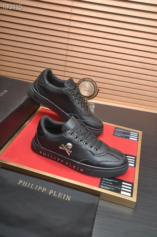 Philipp Plein Or Noir Cuir Perforé Emblème Crâne et Crois-Bone Chaussures Lifestyle 6