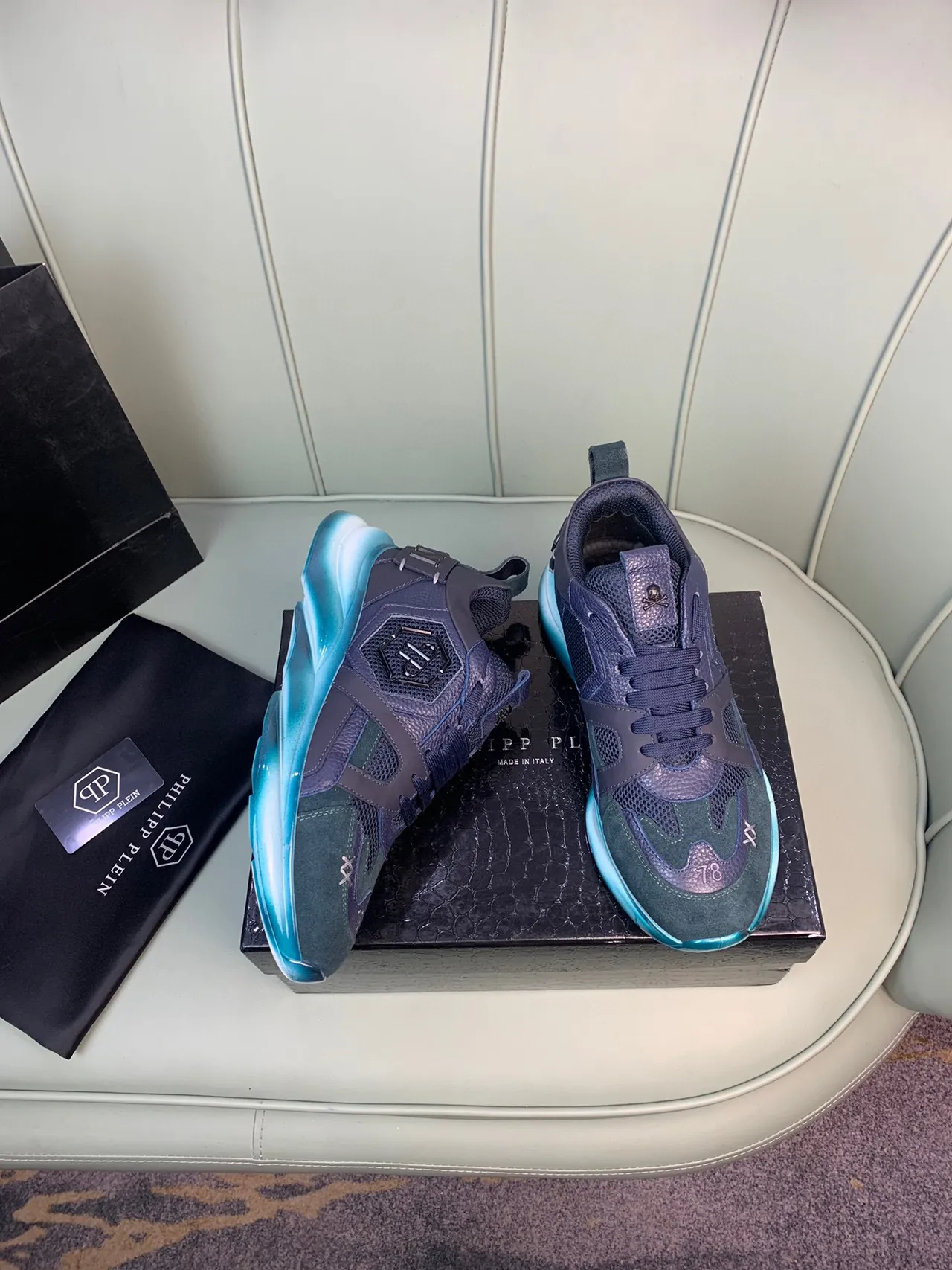 Philipp Plein 蓝绿 多材质 鞋面 雕塑鞋底 厚底运动鞋 7
