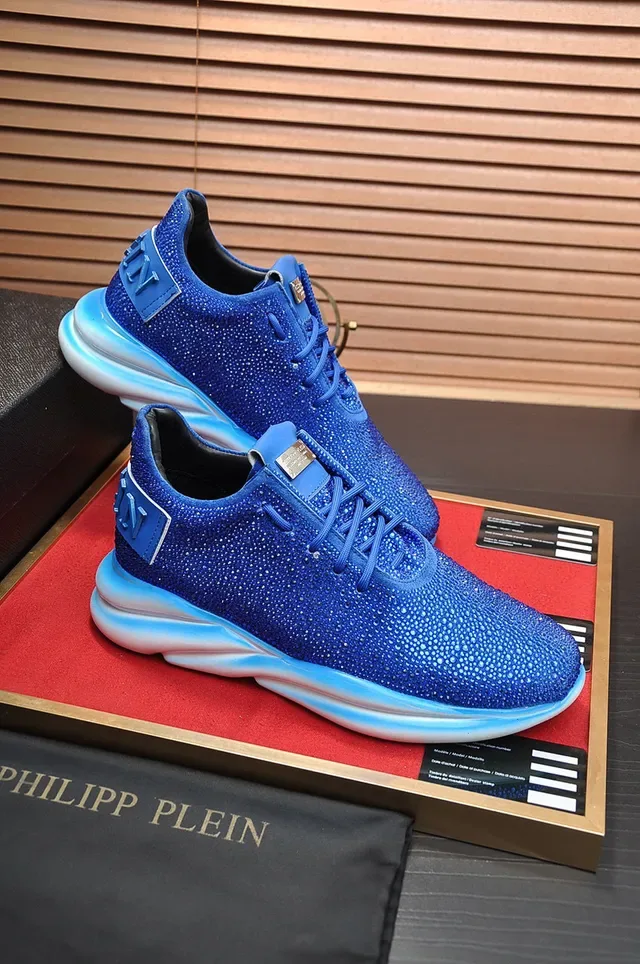 Philipp Plein Sneakers Lifestyle Bleu Blanc orné de Rhinestones, Haut en Tricot Sculpté avec Semelle Médiane Gradient 5