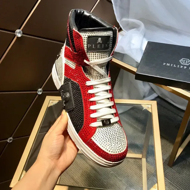 Philipp Plein Crystal-Embellished Red Black White High-Top Sneakers 2