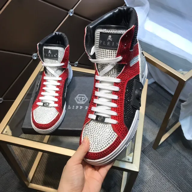 Philipp Plein Crystal-Embellished Red Black White High-Top Sneakers 3