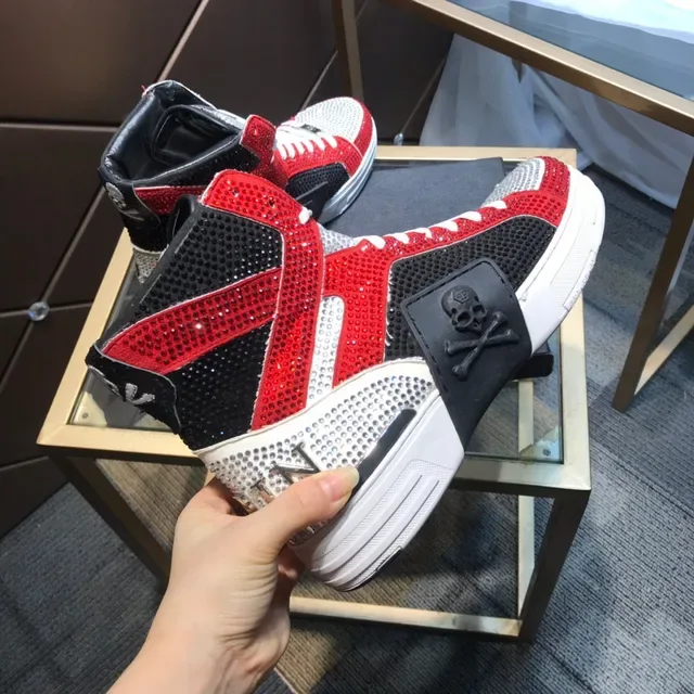 Philipp Plein Crystal-Embellished Red Black White High-Top Sneakers 5