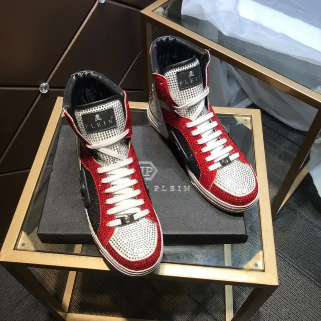 Philipp Plein Crystal-Embellished Red Black White High-Top Sneakers 7