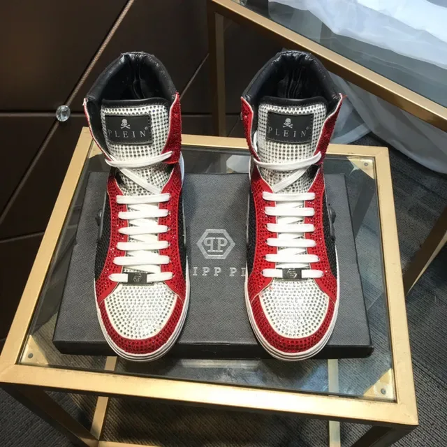 Philipp Plein Crystal-Embellished Red Black White High-Top Sneakers 9