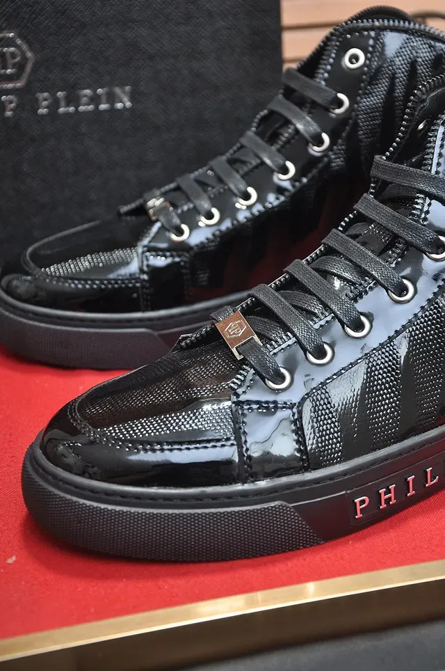Philipp Plein Tênis high top preto vermelho couro verniz tênis lifestyle 8