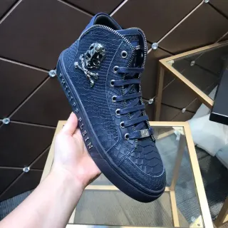 Philipp Plein Navy Silver High-Top Croc-Embossed Leather Lifestyle Sneakers