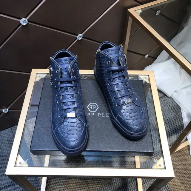 Philipp Plein Navy Silver High-Top Croc-Embossed Leather Lifestyle Sneakers 6