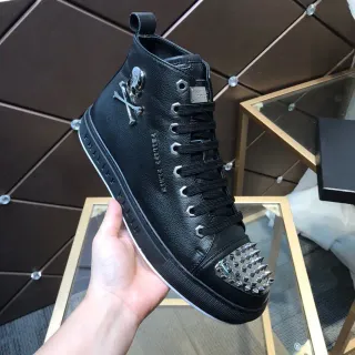 Philipp Plein 骷髅头高帮黑色银色铆钉装饰鞋头生活方式运动鞋