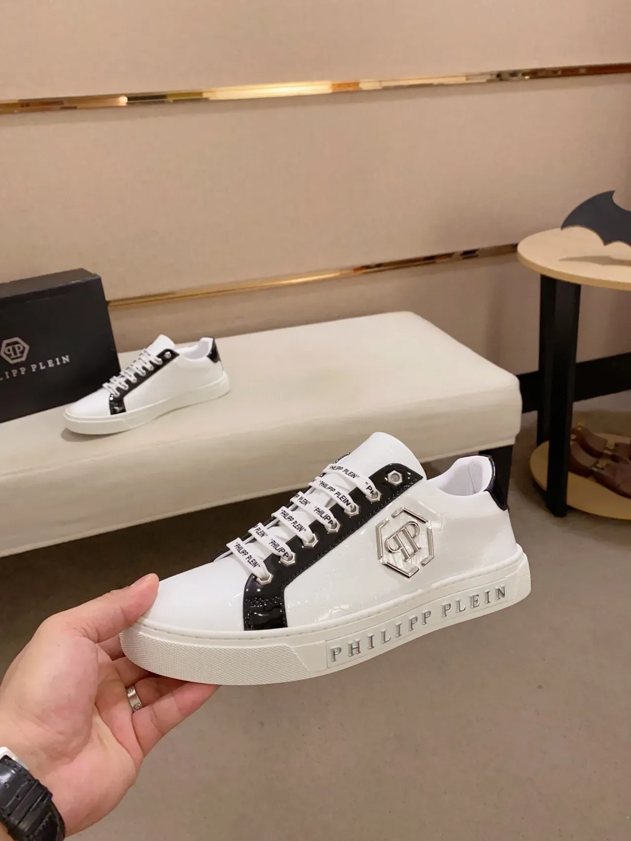 Philipp Plein White Black Croc-Embossed Leather Side Panel Contrast Lifestyle Sneakers 3