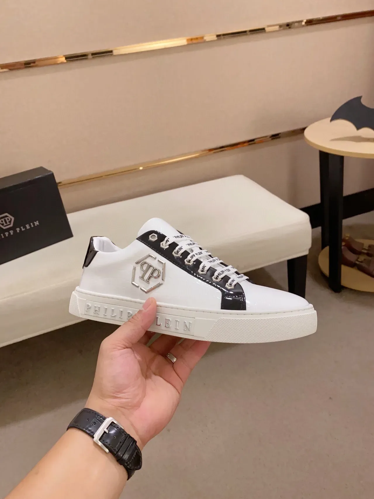 Philipp Plein White Black Croc-Embossed Leather Side Panel Contrast Lifestyle Sneakers 4
