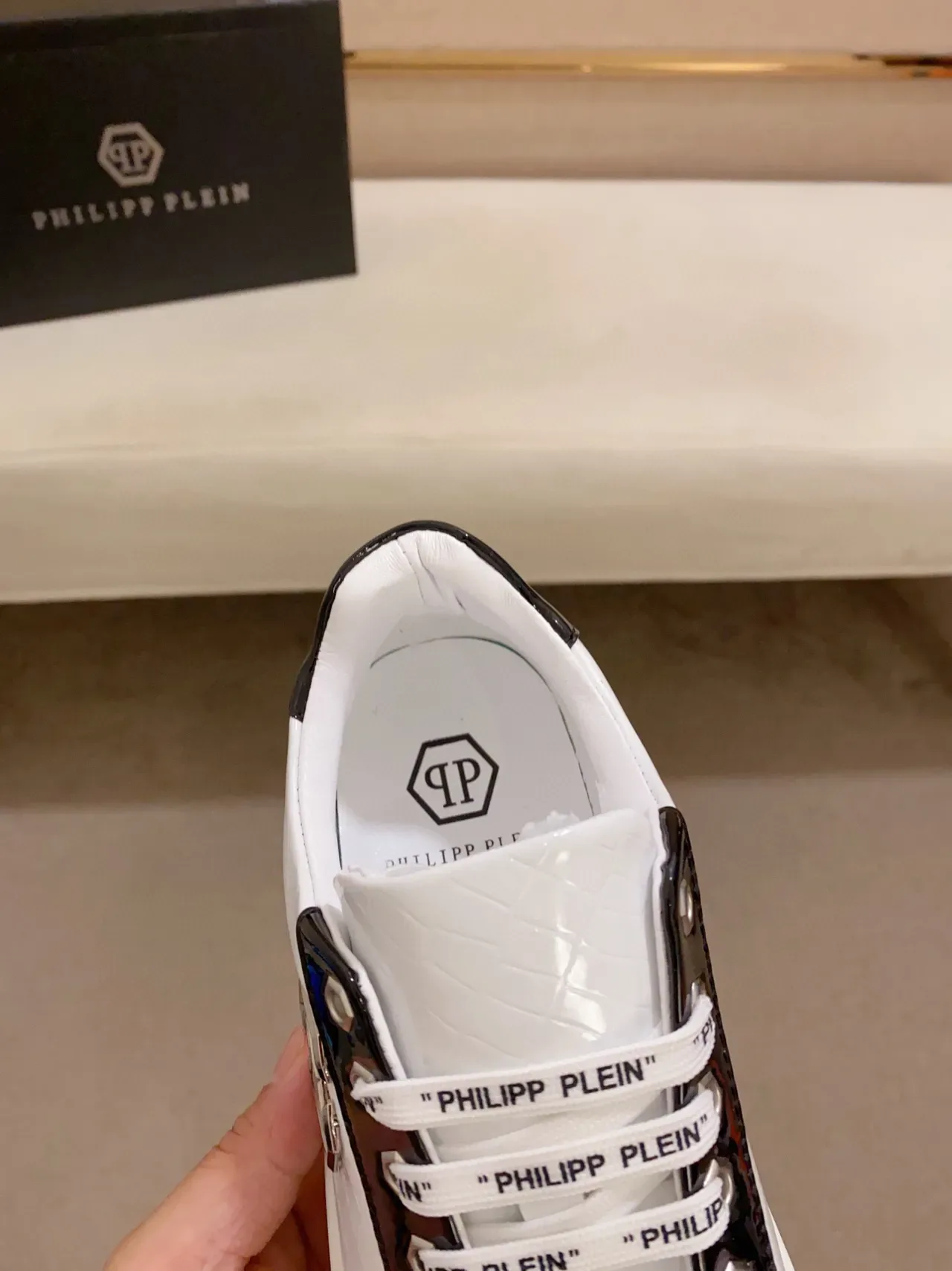 Philipp Plein White Black Croc-Embossed Leather Side Panel Contrast Lifestyle Sneakers 6