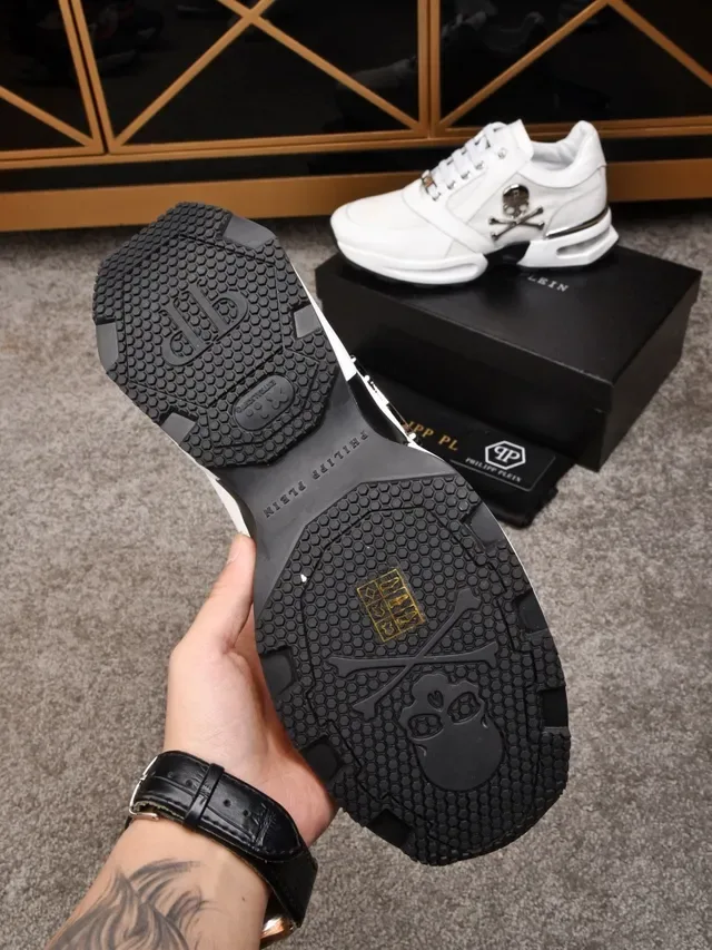 Philipp Plein حذاء رياضي نمط حياة أبيض وأسود شبكة وجلد علوي رمز كرومي 2