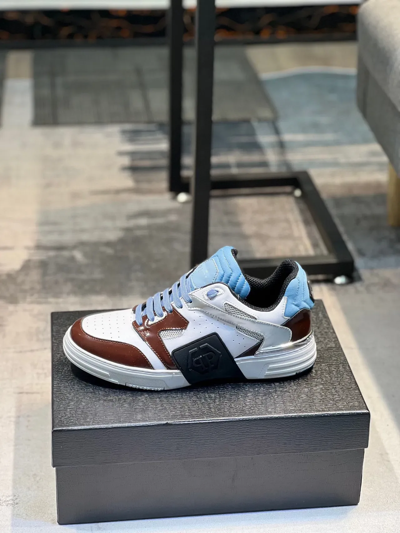 Philipp Plein White Burgundy Layered Multi-Panel Construction Patent Leather Accents Sneakers 2