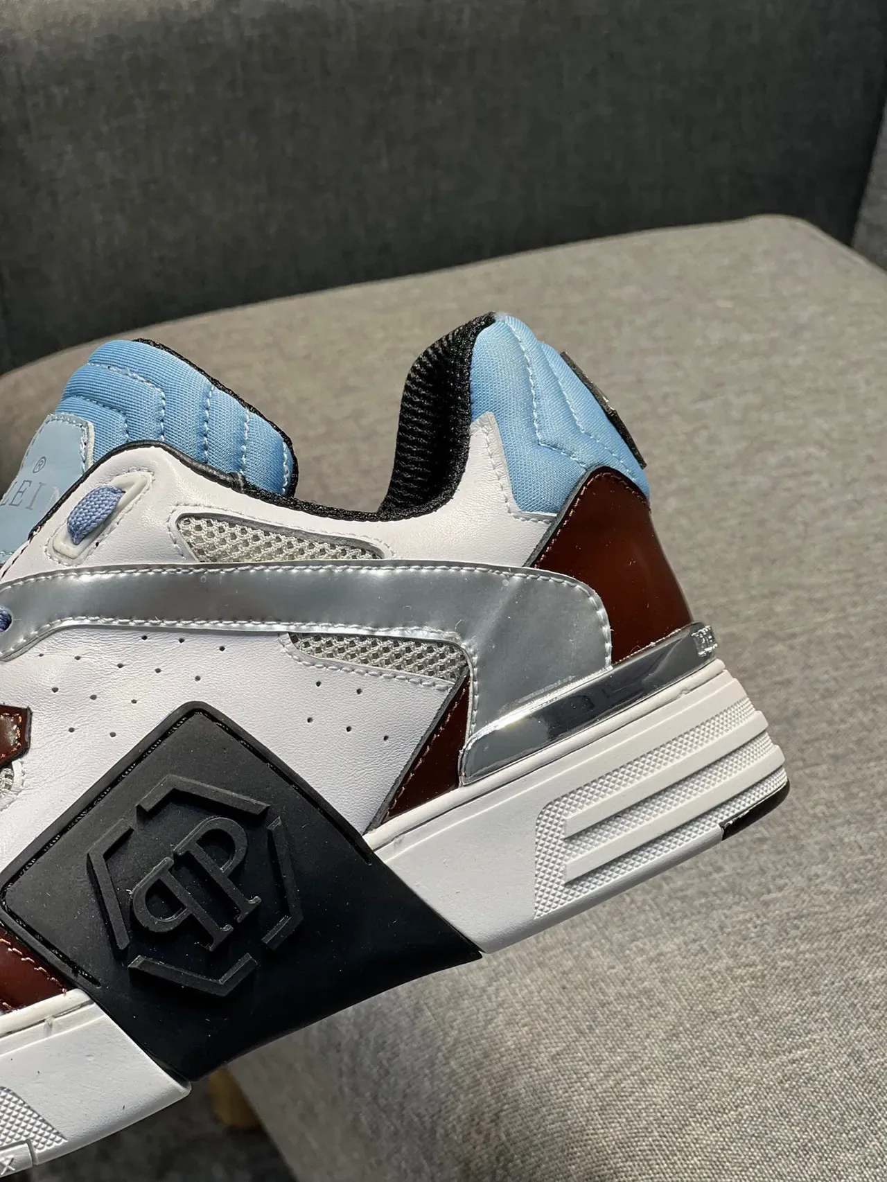 Philipp Plein White Burgundy Layered Multi-Panel Construction Patent Leather Accents Sneakers 4