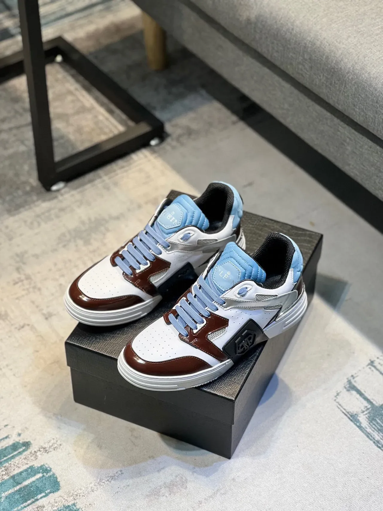 Philipp Plein White Burgundy Layered Multi-Panel Construction Patent Leather Accents Sneakers 5