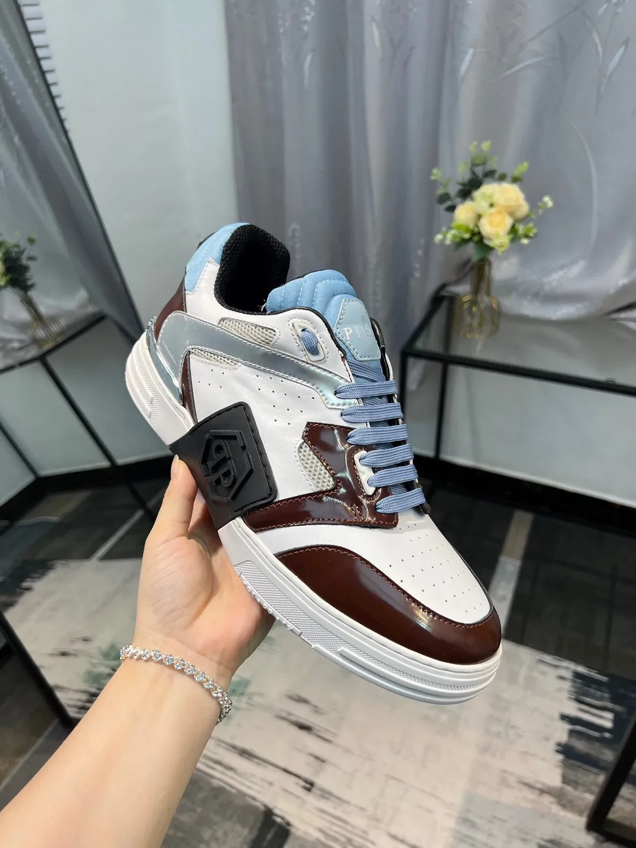 Philipp Plein White Burgundy Layered Multi-Panel Construction Patent Leather Accents Sneakers 6
