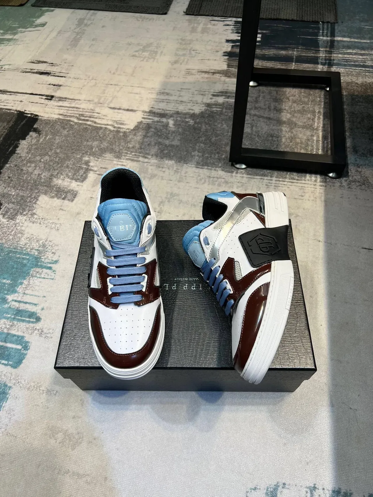 Philipp Plein White Burgundy Layered Multi-Panel Construction Patent Leather Accents Sneakers 7