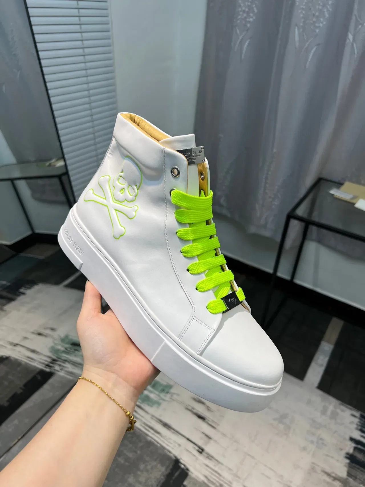 Philipp Plein Sneakers Lifestyle Blancs et Verts Hautes à Semelle Plateforme 6
