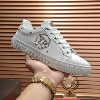 Philipp Plein White Silver Leather Upper Metallic Hexagonal Logo Lifestyle Sneakers