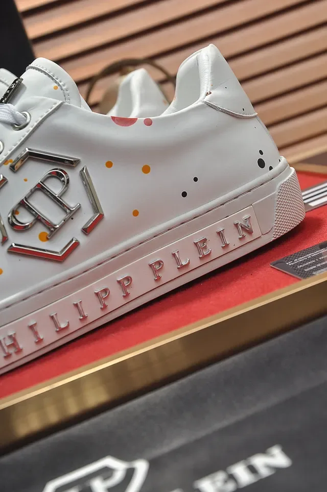Philipp Plein Blanco y Plata Cuero Superior Logo Hexagonal Metálico Zapatillas Lifestyle 2