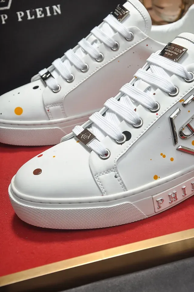 Philipp Plein Blanco y Plata Cuero Superior Logo Hexagonal Metálico Zapatillas Lifestyle 3